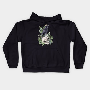 Gothic black raven with skull and crow, skeleton eucaliptus leaves Kids Hoodie